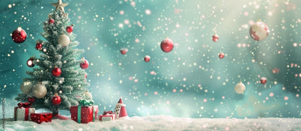 Poster Background featuring Christmas toys and a Christmas tree with snow Space available for text. with copy space image. Place for adding text or design