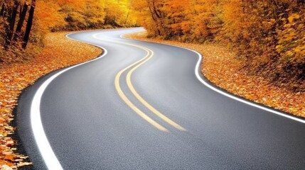 Naklejka premium Winding road through a vibrant autumn forest with colorful leaves