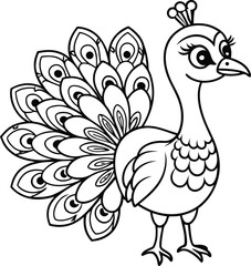 hand drawn cute peacock  for adult coloring book