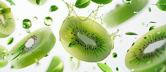Fresh ripe whole kiwi green fruit and slices with drops and seeds flying isolated on a white background. with copy space image. Place for adding text or design