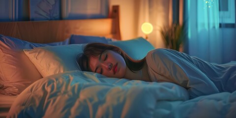 A quiet bedroom with soft lighting Woman sleeping comfortably on a white bed with a plush mattress protector. Her demeanor was calm and relaxed.