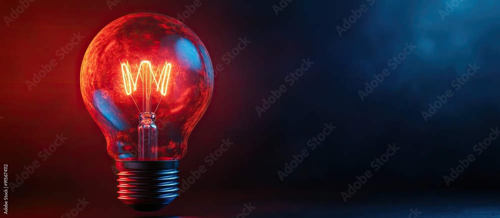Poster red light bulb isolated on blue concept background for bright ideas backdrop of electricity inventio
