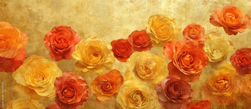Aufkleber textured vintage paper backdrop featuring variegated yellow and orange roses. with copy space image. Place for adding text or design