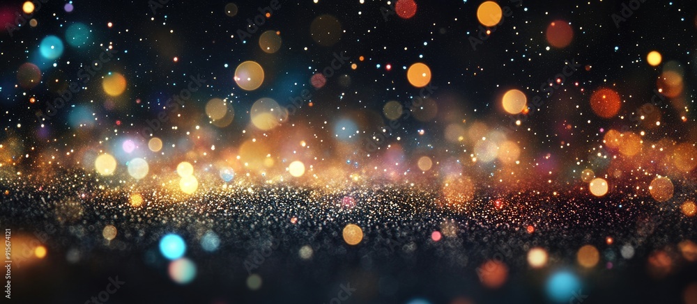 Poster Defocused abstract light blur blink and sparkle background in a horizontal format Glittering shine with dots and confetti. with copy space image. Place for adding text or design