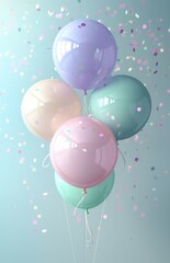 Pastel colored balloons with confetti on light blue background. Celebration and festive concept. Image for event planning and greeting card.