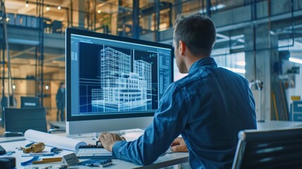 Architect in a contemporary office, analyzing a virtual 3D model of a building on a computer, with construction blueprints and tools spread out.