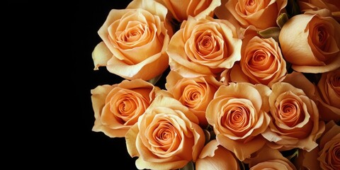 A close-up of a bouquet of orange roses on a black background, perfect for romantic occasions or as a symbol of gratitude