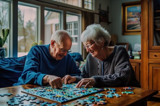 A older couple playing with an indoor puzzle in a home stock photo, in the style of uhd image, teal and navy, provia, iconic, interactive experiences, colourful, rich and immersive