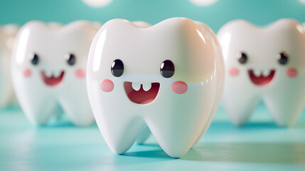 cheerful smiling tooth characters: bright and playful dental concept on turquoise background