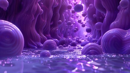 3D abstract dreamscape adorned with swirling purple blobs reminiscent of lava lamp movement, as they gracefully float and merge in a liquid medium