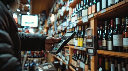 A merchant holding a wine shop POS device, hand paying with his mobile phone, contactless.