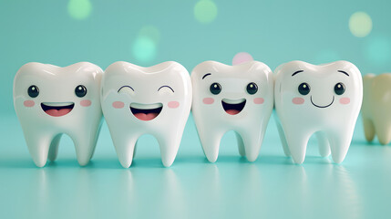 Obraz premium cheerful smiling tooth characters: bright and playful dental concept on turquoise background