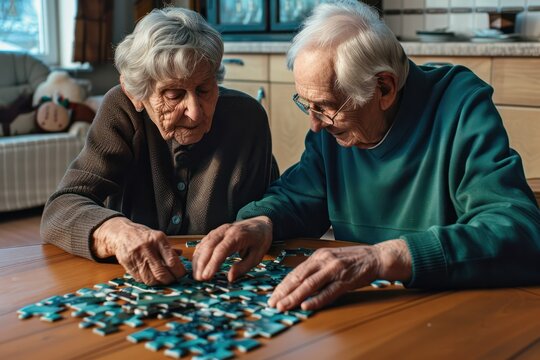 A older couple playing with an indoor puzzle in a home stock photo, in the style of uhd image, teal and navy, provia, iconic, interactive experiences, colourful, rich and immersive