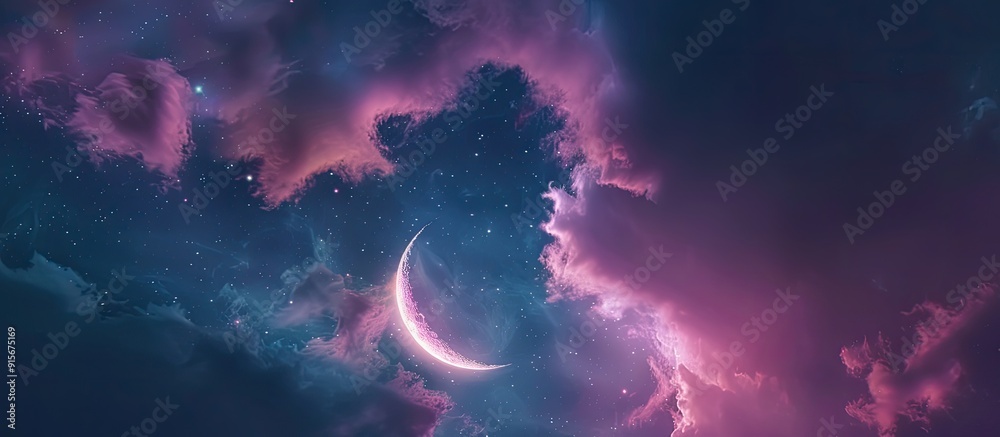 Poster A fantasy backdrop of the night sky featuring enchanting light and a crescent moon. with copy space image. Place for adding text or design