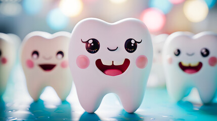 Obraz premium cheerful smiling tooth characters: bright and playful dental concept on turquoise background