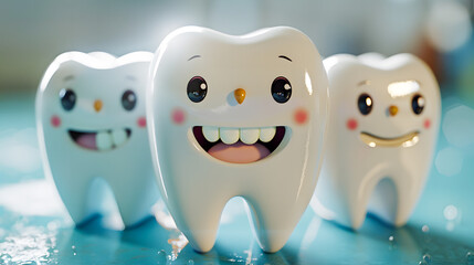 Obraz premium cheerful smiling tooth characters: bright and playful dental concept on turquoise background