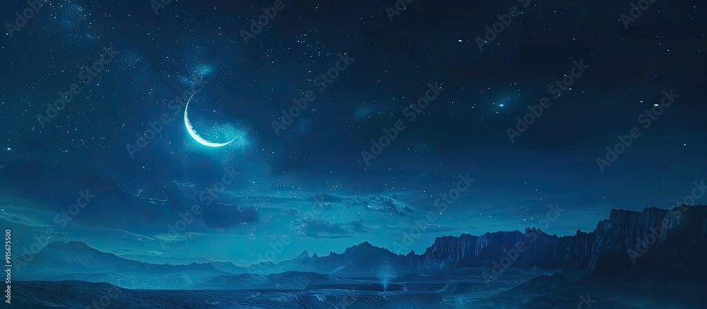 Poster a fantasy backdrop of the night sky featuring enchanting light and a crescent moon. with copy space 