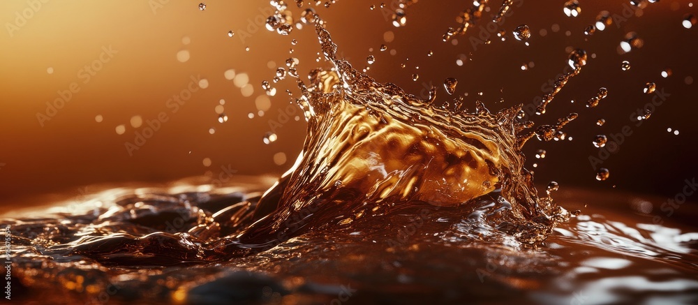 Poster Abstract liquid Water splashing against a dark bronze background Macro view of the splash with soft focus and shallow depth of field. with copy space image. Place for adding text or design