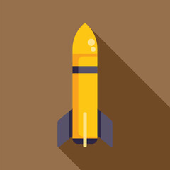 Yellow rocket launching upwards with long shadow, simple flat design of a spaceship taking off