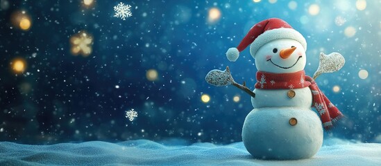 Fototapeta premium Joyful snowman in a winter Christmas setting. with copy space image. Place for adding text or design