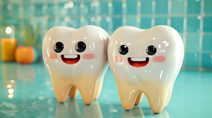Obraz premium cheerful smiling tooth characters: bright and playful dental concept on turquoise background