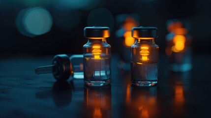 Glowing medical vials on a dark background