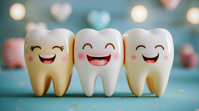cheerful smiling tooth characters: bright and playful dental concept on turquoise background