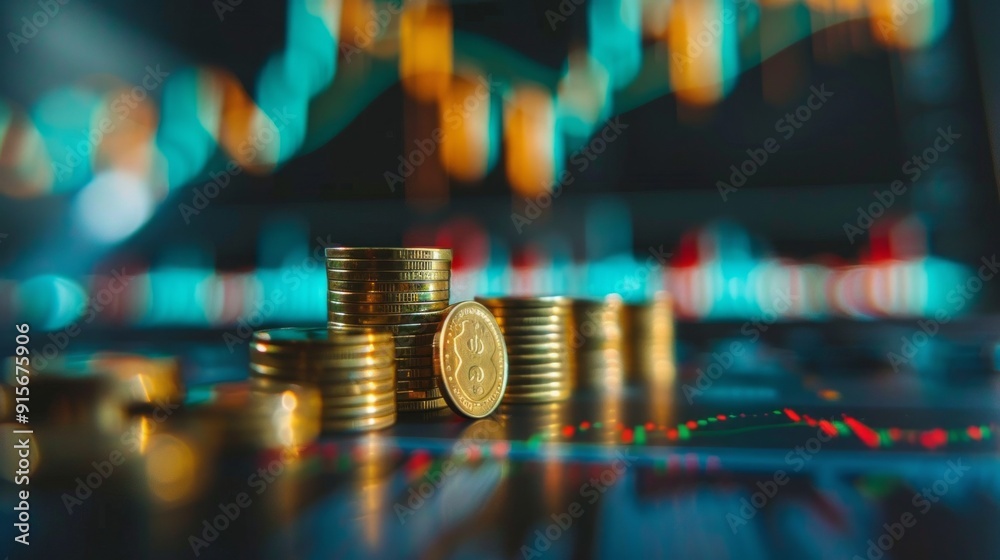 Poster A pile of gold coins on a table with a graph in the background