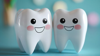 Obraz premium cheerful smiling tooth characters: bright and playful dental concept on turquoise background