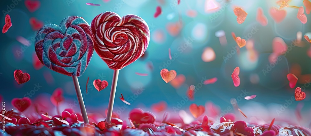 Aufkleber two heart shaped lollipops rest on red flower petals a blue background features a tree this evokes v