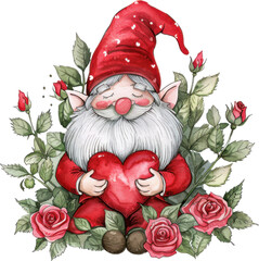 Fototapeta premium A red gnome holding a heart in a bouquet of roses. The gnome is wearing a red vest and has a beard. Concept of love and warmth