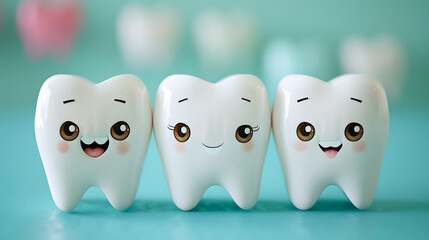 Obraz premium cheerful smiling tooth characters: bright and playful dental concept on turquoise background