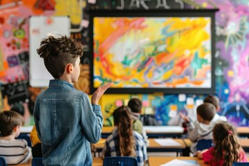 A kids presents colorful art painting printed on a wall in his classroom. Let another friends listen.