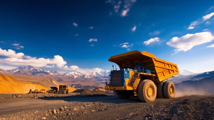 Obraz premium An isolated mining truck on a construction site, with a clear view of the dirt-filled landscape and industrial tools in the background.