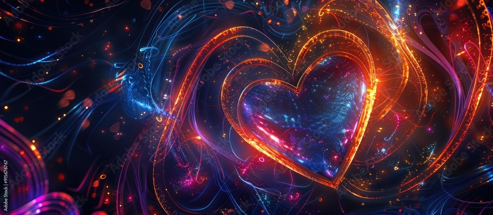 Poster abstract beautiful pattern design with glittering vivid bright ornamental lights creates a heart sha