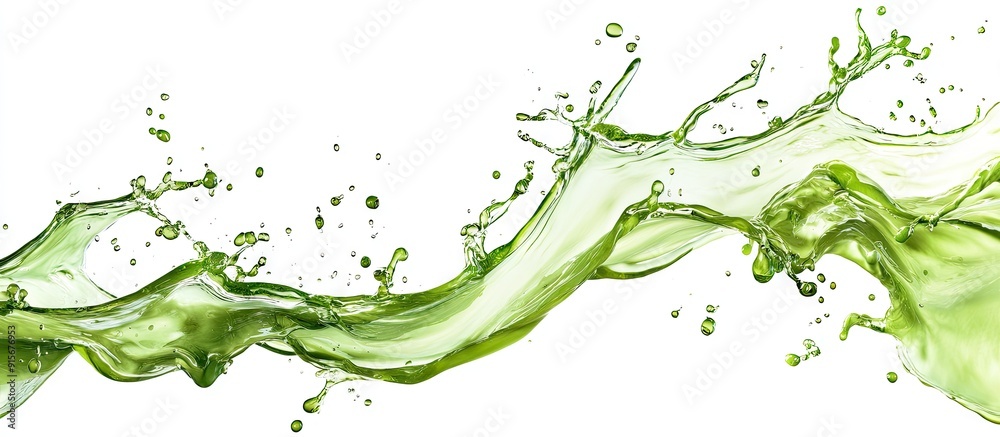 Poster beautiful flying green splashes and drops isolated against a white background. with copy space image. Place for adding text or design