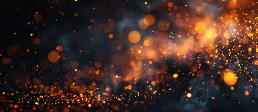 Abstract dark glittering fire particles and lights Fire embers floating over a black background. with copy space image. Place for adding text or design