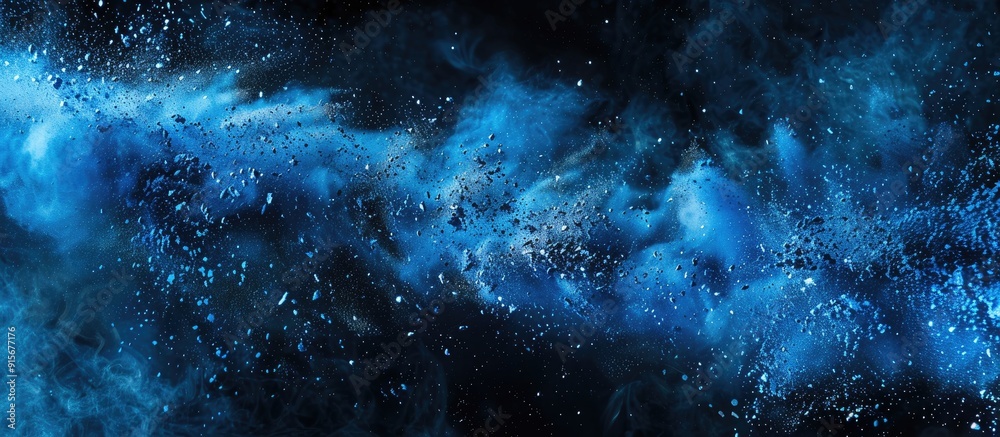 Poster Abstract blue powder splattered background capturing the freeze motion of color powder exploding being thrown with a color glitter texture on a black background. with copy space image