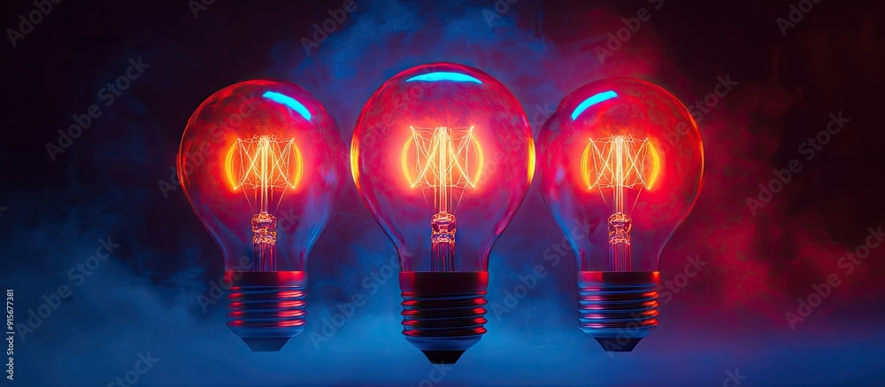 Poster red light bulb isolated on blue concept background for bright ideas backdrop of electricity inventio