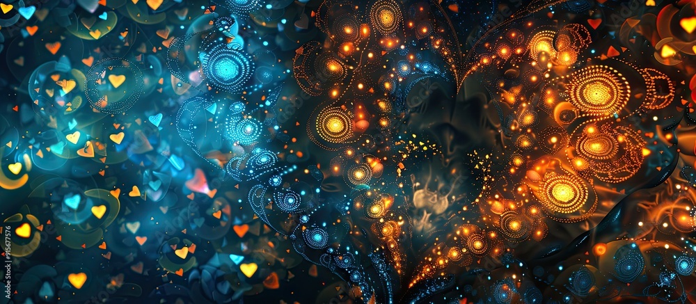 Poster abstract beautiful pattern design with glittering vivid bright ornamental lights creates a heart sha