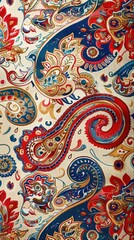 A vibrant paisley design with intricate details covers the textile surface, showcasing rich colors and patterns