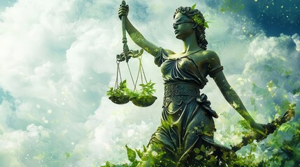 Fototapeta premium Conceptual artwork of Lady Justice with elements of nature, representing environmental justice