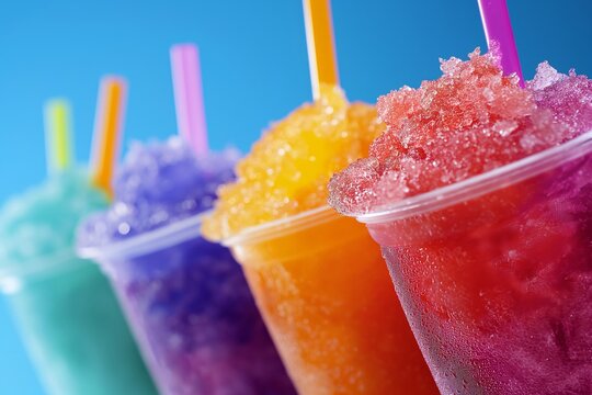 Colorful frozen slush drinks with straws on blue background. Image for smoothie bar advertising and menu.