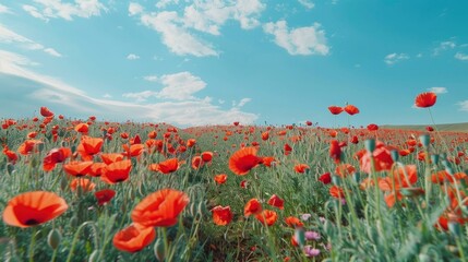 Obraz premium A vibrant field of poppies under a bright blue sky.