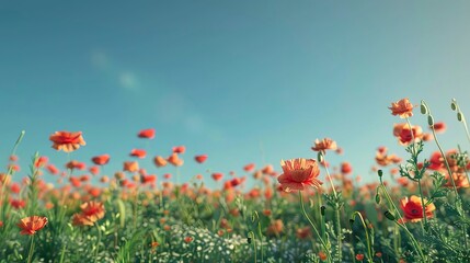 A vibrant field of poppies under a clear blue sky.
