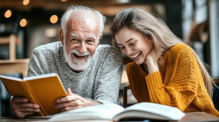 A Excited old men and women read and study with happy faces.