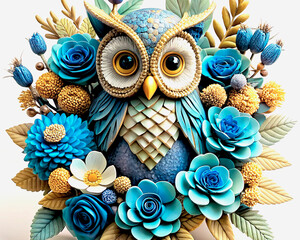 3D gold and white flower sculpture with owl