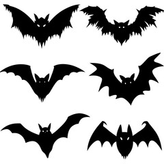 A collection of dark silhouettes of bats displayed on a white background