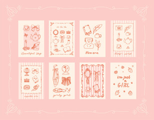 Collection of 8 coquette pink posters in charming girly trendy style. Vintage feminine cards with victorian accessories: bows, ribbons, feathers, mirrors, jewelry, décor. Soft beige and pink colors