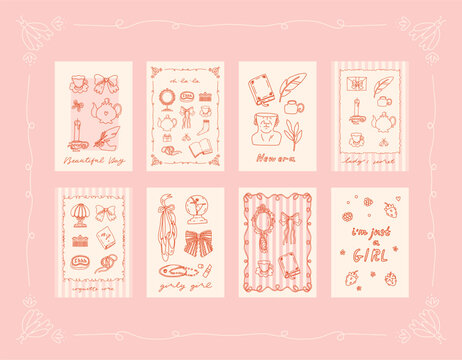 Collection of 8 coquette pink posters in charming girly trendy style. Vintage feminine cards with victorian accessories: bows, ribbons, feathers, mirrors, jewelry, décor. Soft beige and pink colors